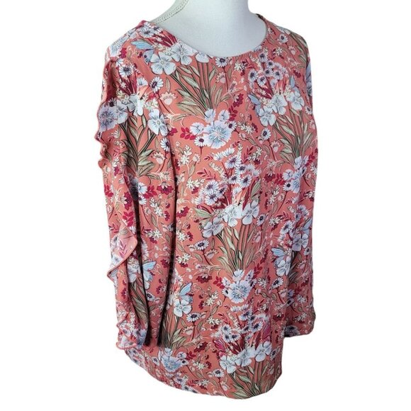 Lauren Conrad Floral Pink Sheer Long Sleeve Blouse Womens Large Ruffle Arm - Picture 1 of 12
